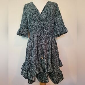 SHEIN Dark Green Dress with White Floral Design